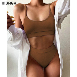 INGAGA High Waist Bikini Swimsuits Women Push Up Swimwear Ribbed Bathing Suit Strap Biquini Sexy Brazilian Bikinis Set Beachwear