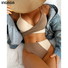 Load image into Gallery viewer, INGAGA High Waist Bikini Patchwork Swimwear Ribbed Women&#39;s Swimsuit 2022 Cross Wrap Beachwear Push Up Biquini Bathing Suits